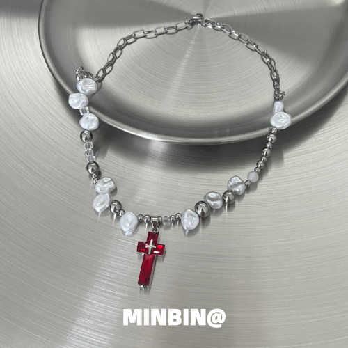 異形珍珠紅鋯石十字架項鍊男女ins小衆設計y2k辣妹高級嘻哈鎖骨鍊 異形珍珠紅鋯石十字架項鍊男女ins小衆設計y2k辣妹高級嘻哈鎖骨鍊