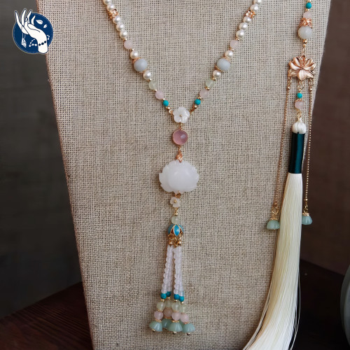 新中式蓮花瓔珞古風項鍊馬面裙漢服配飾國風長流蘇原創百搭背雲