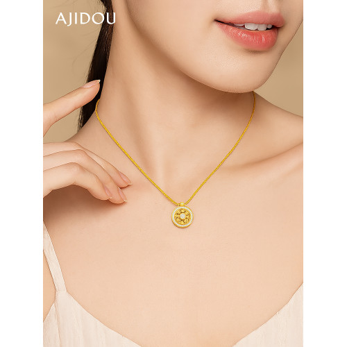 AJIDOU阿吉豆項鍊女款時尚金色八寶羅盤長頸鏈雙面花紋新中式吊墜