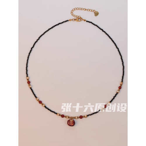 張十六[夜石榴項鍊]銅合金原創手工串珠復古毛衣鏈紅色鎖骨鍊女