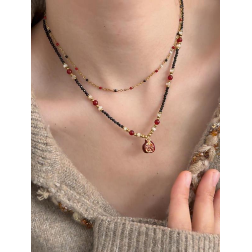 張十六[夜石榴項鍊]銅合金原創手工串珠復古毛衣鏈紅色鎖骨鍊女