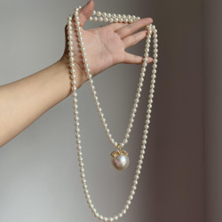 遲慢慢  老貨長款珍珠項鍊長款輕奢高級感日韓風氣質簡約款飾品女