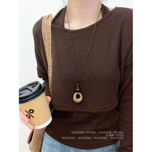 NANYING 禪意新中式復古咖色鏤空圓環項鍊長款民族風吊墜女毛衣鏈