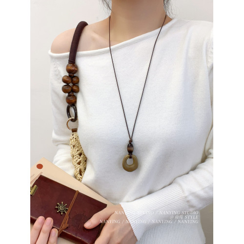 NANYING 禪意新中式復古咖色鏤空圓環項鍊長款民族風吊墜女毛衣鏈