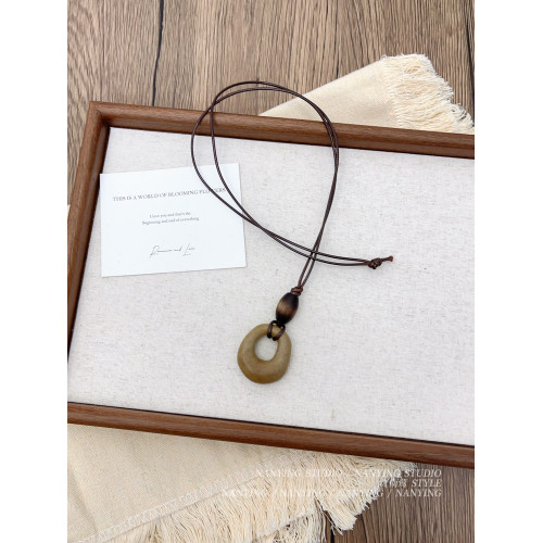 NANYING 禪意新中式復古咖色鏤空圓環項鍊長款民族風吊墜女毛衣鏈