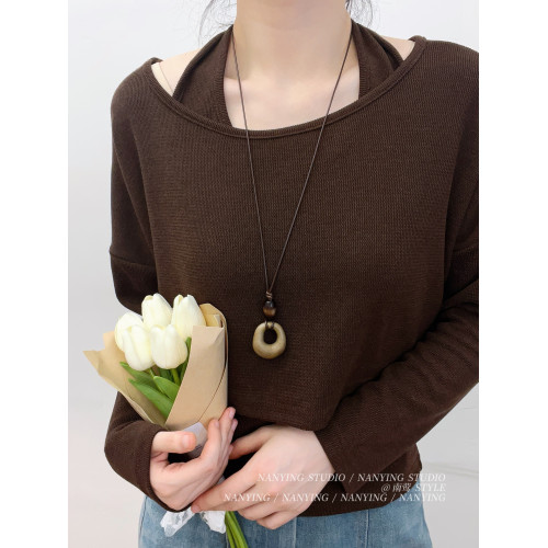 NANYING 禪意新中式復古咖色鏤空圓環項鍊長款民族風吊墜女毛衣鏈