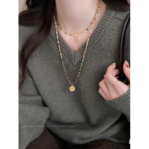 波西米亞風美拉德虎眼石串珠項鍊女秋冬復古氣質高級感長款毛衣鏈