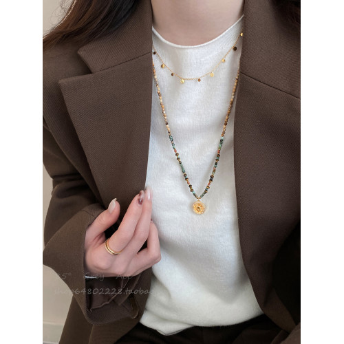 波西米亞風美拉德虎眼石串珠項鍊女秋冬復古氣質高級感長款毛衣鏈