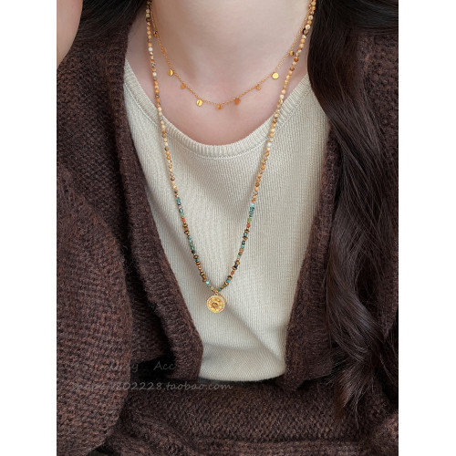 波西米亞風美拉德虎眼石串珠項鍊女秋冬復古氣質高級感長款毛衣鏈
