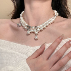 HEY TAO復古閃鋯雙層珍珠choker項鍊女輕奢氣質鎖骨鍊高級感頸鏈