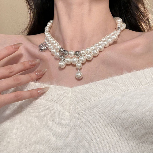 HEY TAO復古閃鋯雙層珍珠choker項鍊女輕奢氣質鎖骨鍊高級感頸鏈
