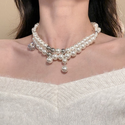 HEY TAO復古閃鋯雙層珍珠choker項鍊女輕奢氣質鎖骨鍊高級感頸鏈