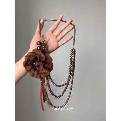 復古仿珍珠蕾絲花項鍊女長款氣質三層鎖骨鍊氛圍感毛衣鏈多層頸鏈