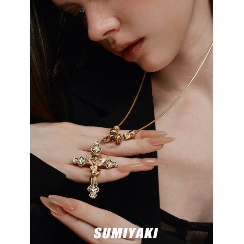 SUMIYAKI 小衆復古十字架項鍊哥特天使長款毛衣鏈 男女同款 SUMIYAKI 小衆復古十字架項鍊哥特天使長款毛衣鏈 男女同款
