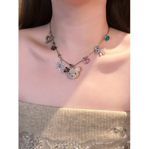 小衆設計感植絨小熊雪花吊墜項鍊女款可愛甜美氣質鎖骨鍊秋冬頸鏈