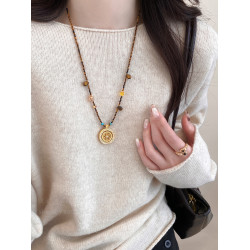 天然虎眼石羅盤長款吊墜項鍊輕奢小衆高級感新中式毛衣鏈秋冬配飾