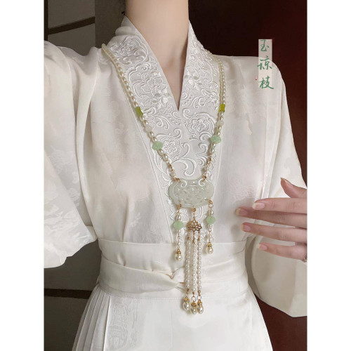 新中式白玉髓人造珍珠項鍊女古風瓔珞背雲流蘇串珠馬面裙配飾