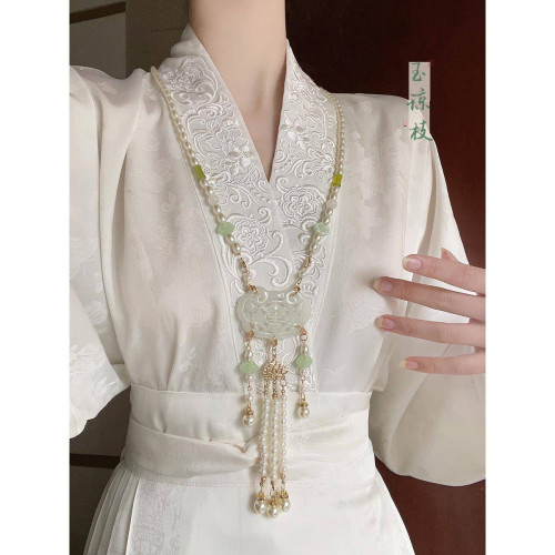 新中式白玉髓人造珍珠項鍊女古風瓔珞背雲流蘇串珠馬面裙配飾