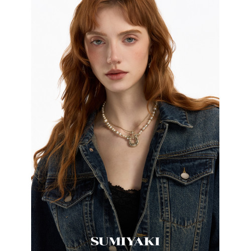 SUMIYAKI 馬年系列浮雕花紋馬蹄釦雙層珍珠項鍊十字架曡戴鎖骨鍊