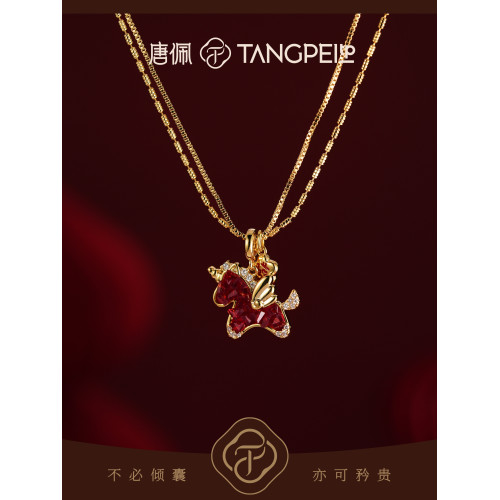 唐珮銅合金合成鋯石項鍊新中式紅色生肖可愛小馬項鍊時尚飾品