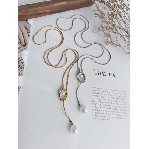 秋冬仿珍珠項鍊大氣高檔高級感蛇骨鏈金色抽拉氣質長款輕奢毛衣鏈