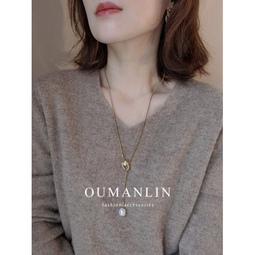 秋冬仿珍珠項鍊大氣高檔高級感蛇骨鏈金色抽拉氣質長款輕奢毛衣鏈