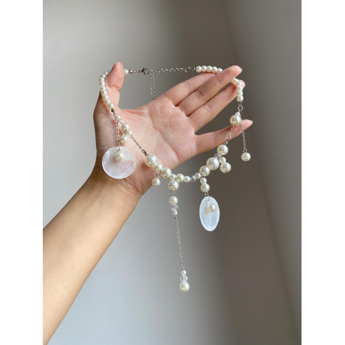 法式復古天然圓片貝殼珍珠流蘇項鍊女超仙氣質海邊度假鎖骨鍊配飾