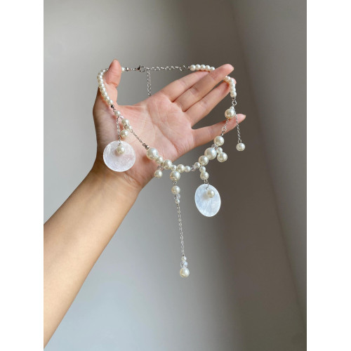 法式復古天然圓片貝殼珍珠流蘇項鍊女超仙氣質海邊度假鎖骨鍊配飾
