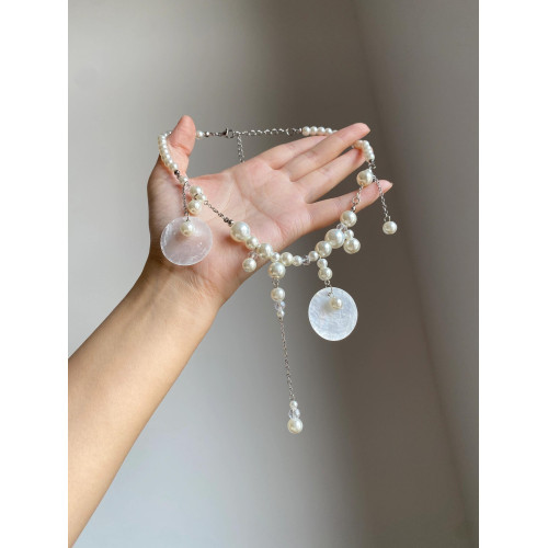 法式復古天然圓片貝殼珍珠流蘇項鍊女超仙氣質海邊度假鎖骨鍊配飾