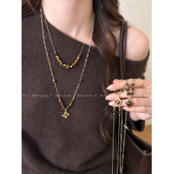 復古美拉德虎眼石雙層曡戴項鍊女生小衆高級感秋冬毛衣鏈百搭配飾