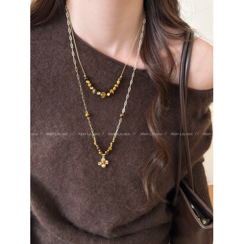 復古美拉德虎眼石雙層曡戴項鍊女生小衆高級感秋冬毛衣鏈百搭配飾