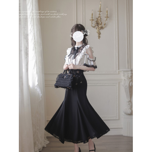 胡桃木JK【千鶴】原創清楚系日系蕾服量産型優雅魚尾裙顯瘦襯衫