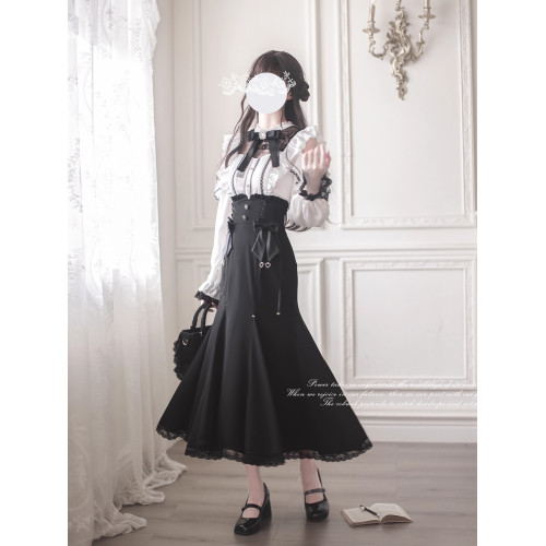 胡桃木JK【千鶴】原創清楚系日系蕾服量産型優雅魚尾裙顯瘦襯衫