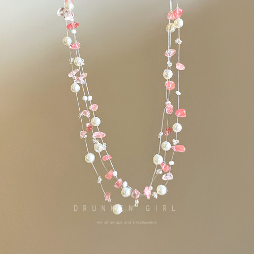 粉色珍珠項鍊女款多巴胺配禮服頸鏈配飾誇張度假風海島海邊鎖骨鍊