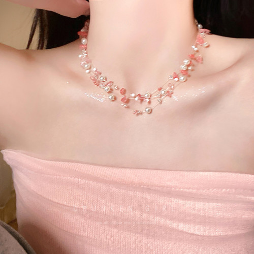 粉色珍珠項鍊女款多巴胺配禮服頸鏈配飾誇張度假風海島海邊鎖骨鍊