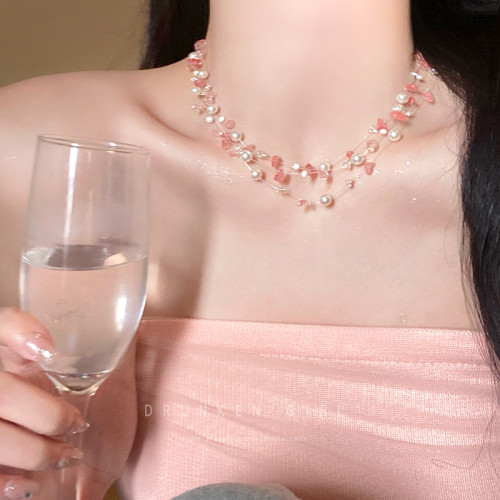 粉色珍珠項鍊女款多巴胺配禮服頸鏈配飾誇張度假風海島海邊鎖骨鍊