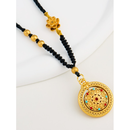 古風羅盤鏤空五福圓滿毛衣鏈高檔可調節優雅古典福祿黑繩沙金項鍊