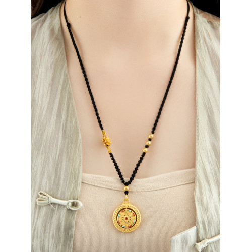 古風羅盤鏤空五福圓滿毛衣鏈高檔可調節優雅古典福祿黑繩沙金項鍊