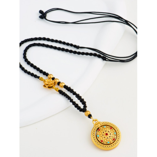 古風羅盤鏤空五福圓滿毛衣鏈高檔可調節優雅古典福祿黑繩沙金項鍊