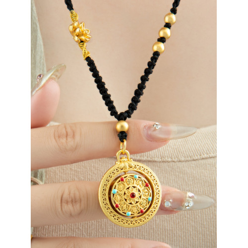 古風羅盤鏤空五福圓滿毛衣鏈高檔可調節優雅古典福祿黑繩沙金項鍊