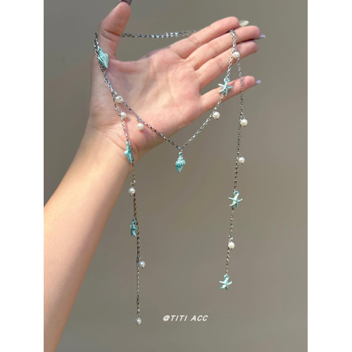 藍色海星海螺珍珠流蘇項鍊長款夏天搭配裙子鎖骨鍊女海邊度假配飾