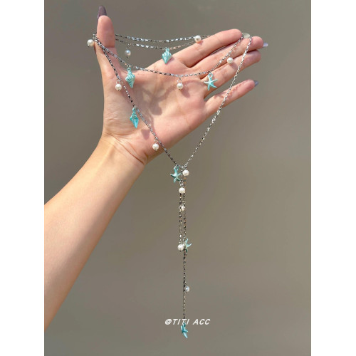 藍色海星海螺珍珠流蘇項鍊長款夏天搭配裙子鎖骨鍊女海邊度假配飾