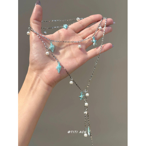 藍色海星海螺珍珠流蘇項鍊長款夏天搭配裙子鎖骨鍊女海邊度假配飾