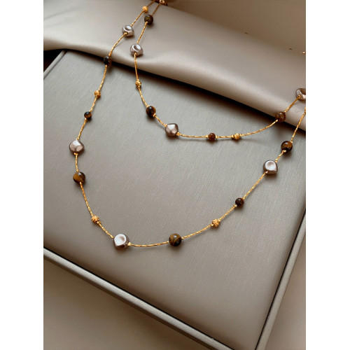 美拉德串珠虎眼石曡戴項鍊女秋冬爆款高級感多層長款毛衣鏈鎖骨鍊