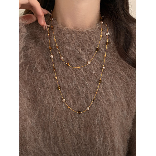 美拉德串珠虎眼石曡戴項鍊女秋冬爆款高級感多層長款毛衣鏈鎖骨鍊