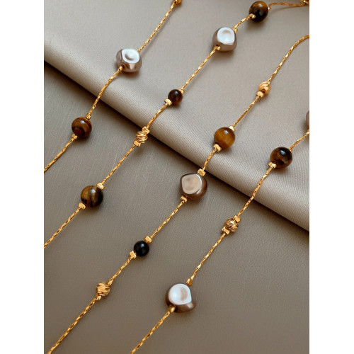 美拉德串珠虎眼石曡戴項鍊女秋冬爆款高級感多層長款毛衣鏈鎖骨鍊