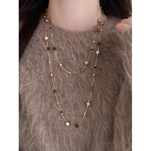 美拉德串珠虎眼石曡戴項鍊女秋冬爆款高級感多層長款毛衣鏈鎖骨鍊