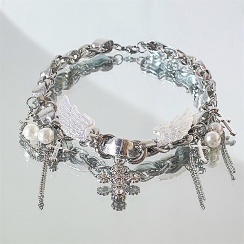 千禧y2k甜酷銀色皮革翅膀十字架項鍊女頸鏈chocker鎖骨鍊亞比配飾