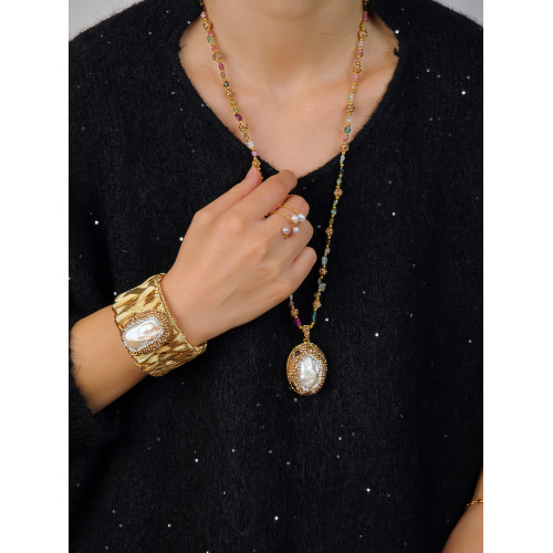 中世紀古典復古天然巴洛克珍珠吊墜項鍊天然石彩色碧璽長款毛衣鏈