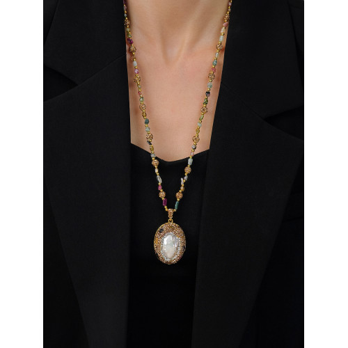 中世紀古典復古天然巴洛克珍珠吊墜項鍊天然石彩色碧璽長款毛衣鏈